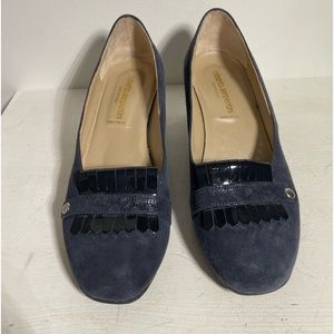 ROBERTO SERPENTINI Women’s Navy Suede/Patent Fringe Block Heel Pump Size 39/US 9
